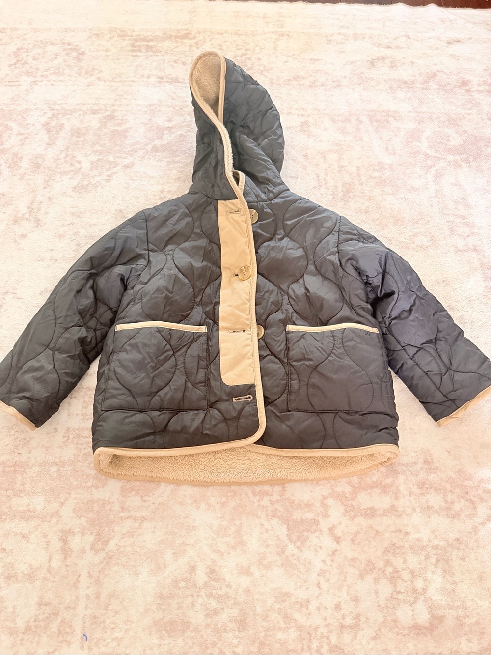 Zara Kids Quilted Hooded Jacket in Gray with Tan Trim